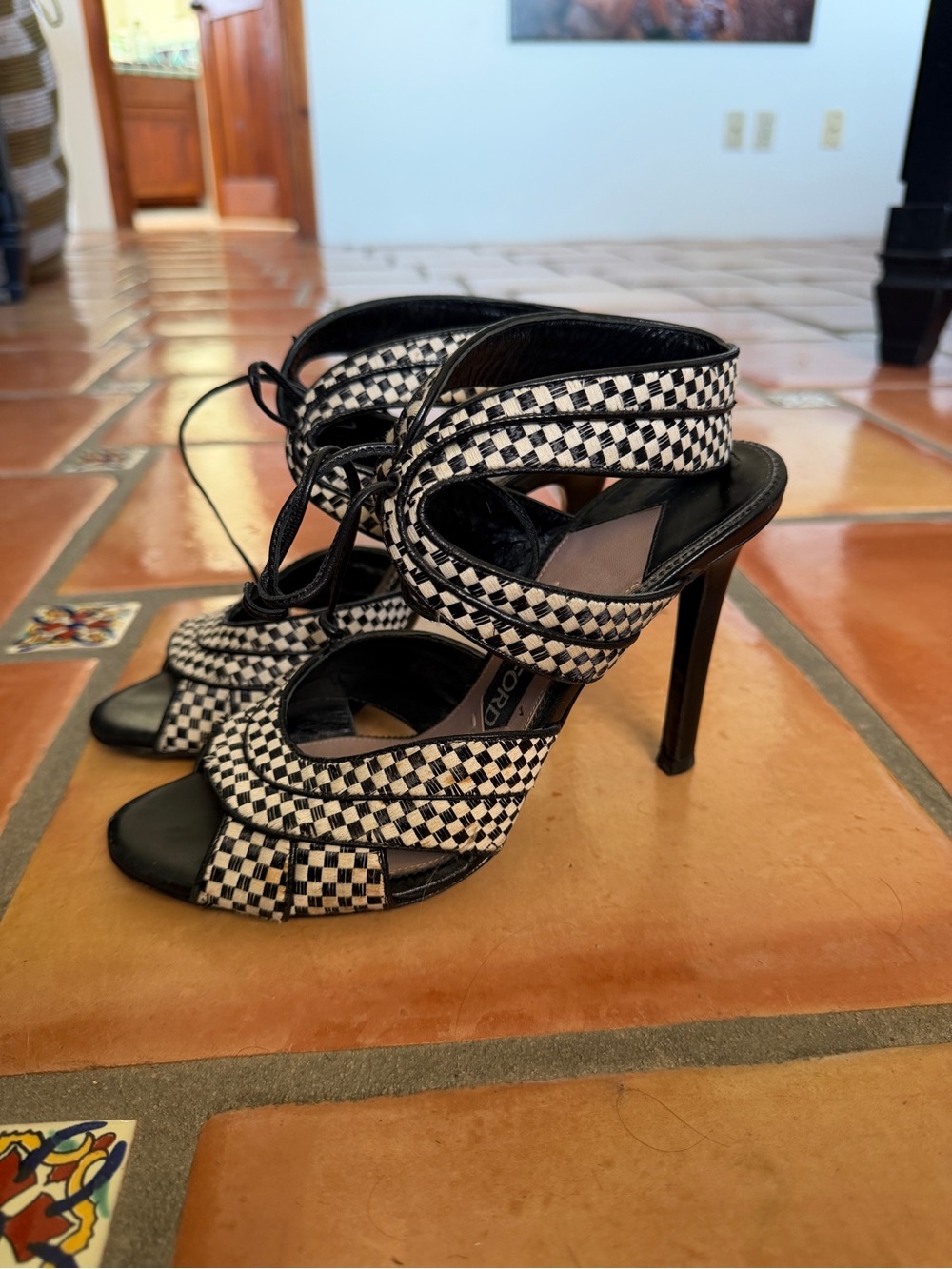 Tom ford Woven Black and White Check Peep-Toe Ankle Tie Sandals
